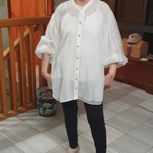 ZARA semi-sheer top with pearl buttons